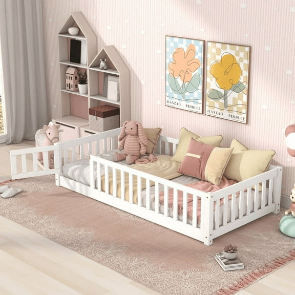 Bellemave Twin Size Floor Beds with Door, Wood Montessori Bed with Fence Railings & Support Slats, No Box Spring Needed (White)