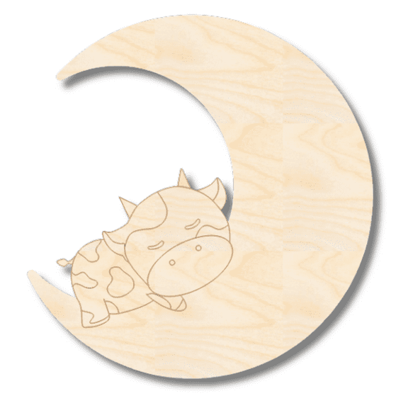 Unfinished Wood Etched Sleeping Cow on Moon Shape 7" / 1/4"