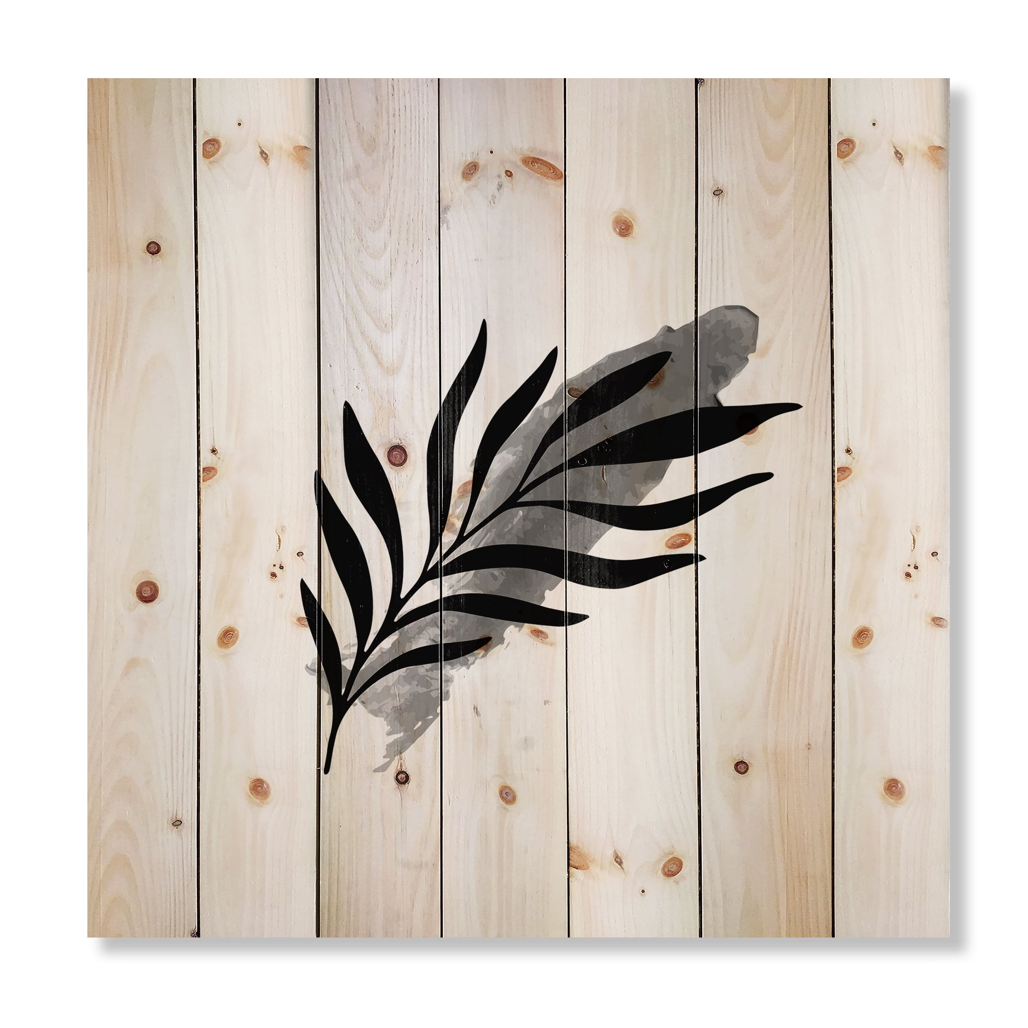 Designart 'Abstract Black Tropical Leaf I' Modern Print on Natural Pine Wood