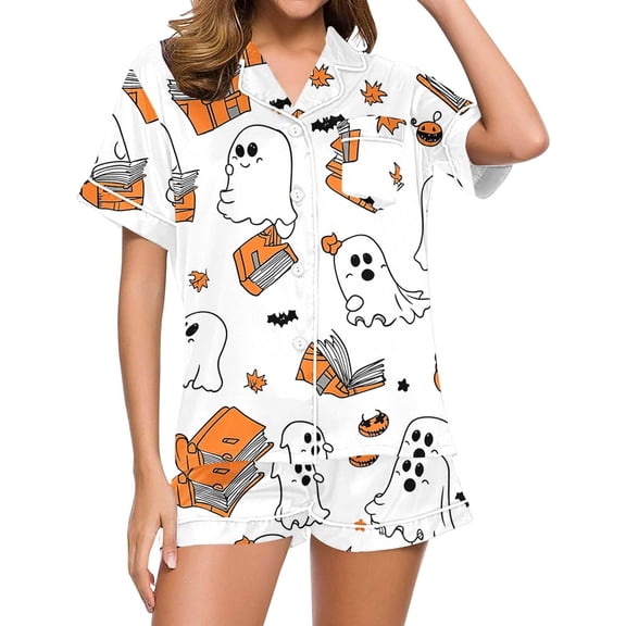 CONROSES Womens Halloween Pajama Set 2 Peice Hallowmas Pjs Ghost Pumpkin Graphic Short Sleeve Tops Shorts Loungewear Sets Cozy Nightwear Sleepwear