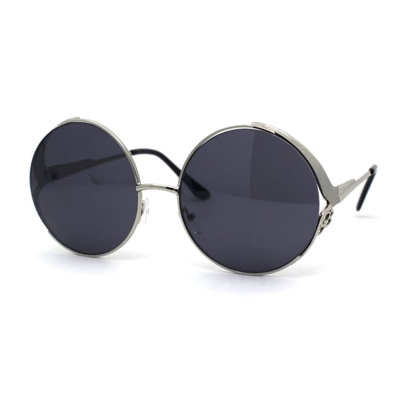 Womens Round Circle Lens Side Visor Retro Sunglasses Silver Black