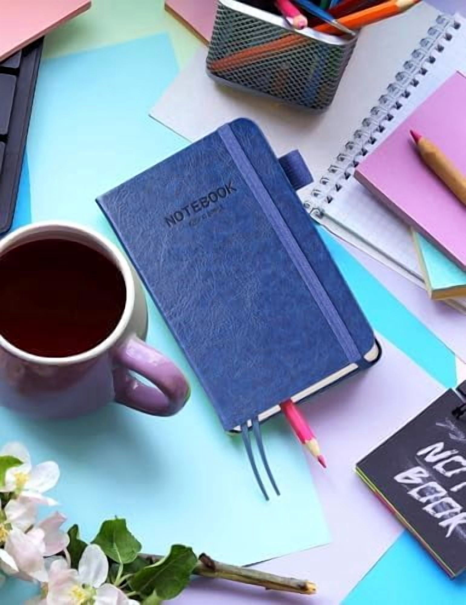 Jointown Pocket Notebook Small Notebook 2-Pack, 3.5" x 5.5" Pocket Notebooks Hardcover with Thick Lined Paper, Inner Pockets, Cover Letter Embossing Design Mini Journal Notepad 1Black 1Blue Leather