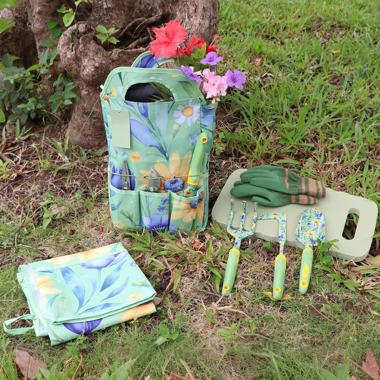 ZUEXT Green Garden Tool Sets 10-Piece, Heavy Duty Gardening Hand Tools with Non-Slip Ergonomic Handle, Flower Print Garden Tool Bag, Gardening Gifts for Women, Plant Lover Gifts for Mom Grandma