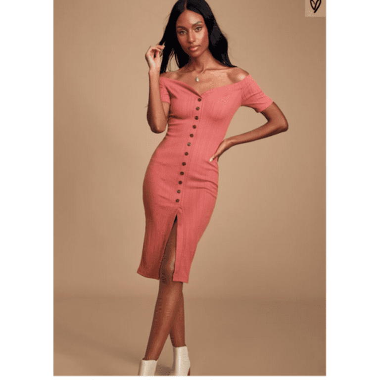 Lulus Brittnie Rusty Rose Ribbed Off-The-Shoulder Midi Dress, Size Small: S/Salmon