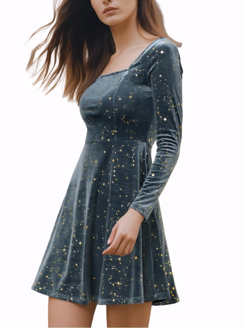 star print cocktail dress Allegra K Women's Stars Velvet Square Neck Vintage Prom Mini Dress, Size: Medium, Black