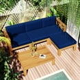 thumbnail image 2 of 5-Piece Wood Patio Sectional Furniture, Acacia Wood Outdoor Seating Set with Cushions, Patio Conversation Set Backyard Porch Sectional Sofa, Natural Finish + Blue Cushions, 2 of 10