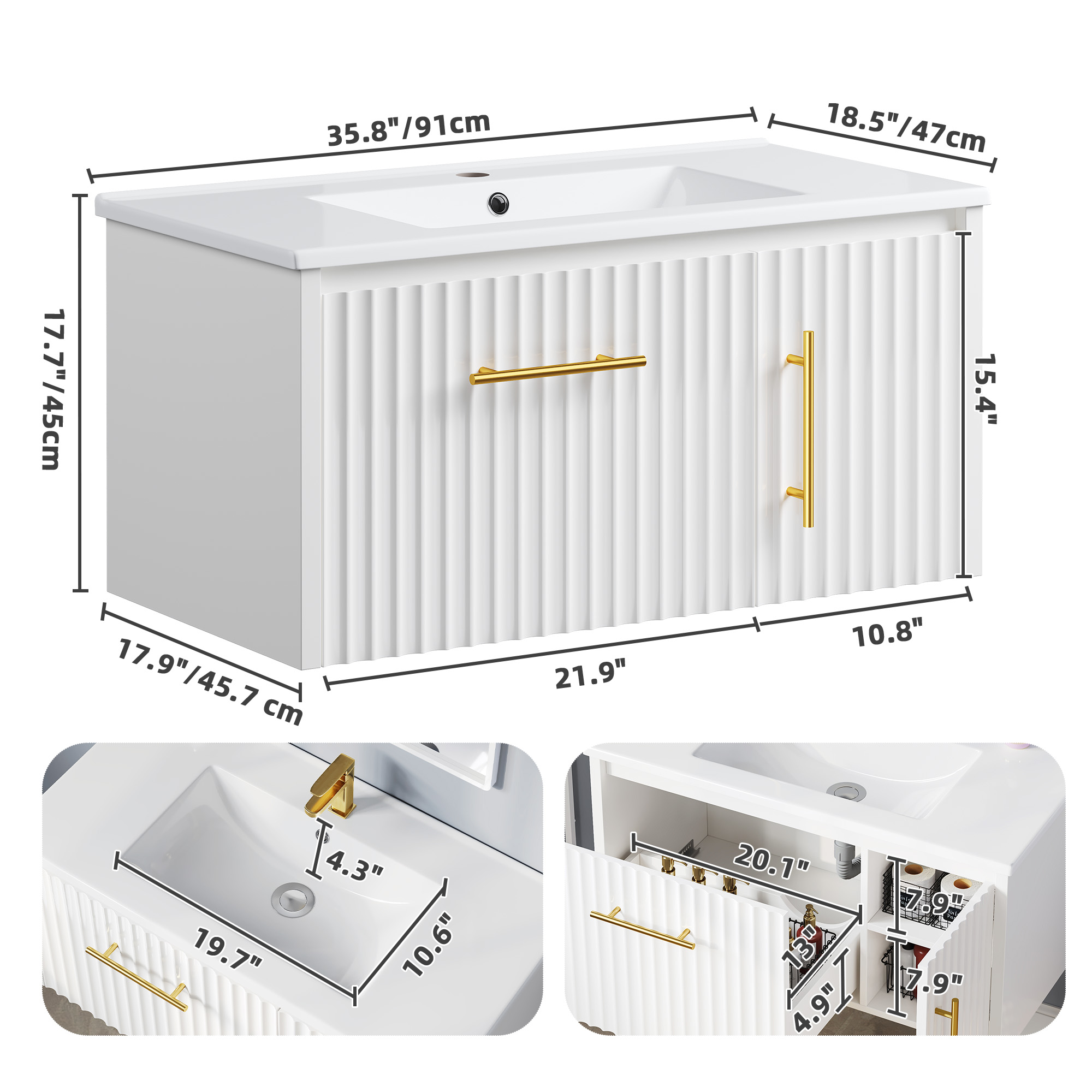 Uforic 36 Inch White Bathroom Vanity with Sink, Wall Mounted Bathroom Sink Storge Cabinet with Drain