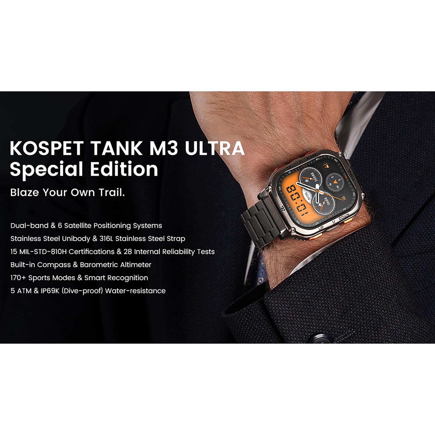 KOSPET TANK M3 Ultra Special Edition 1.96-In.-AMOLED GPS Smartwatch with Stainless Steel Band (Black), P-MUS002-B