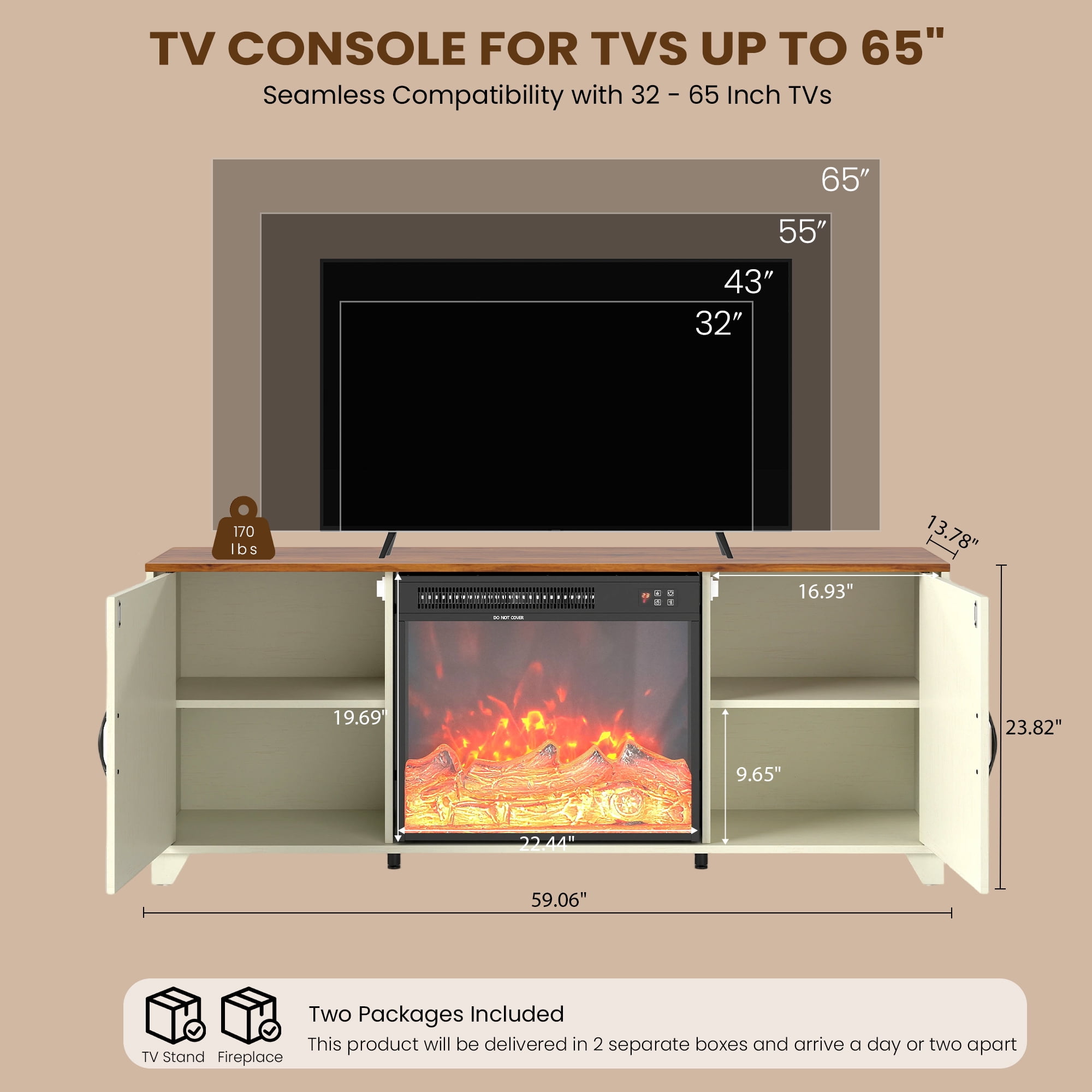 Manxile Fireplace TV Stand for TVs up to 65" with 23" Electric Fireplace, Farmhouse Entertainment Center, Rustic White