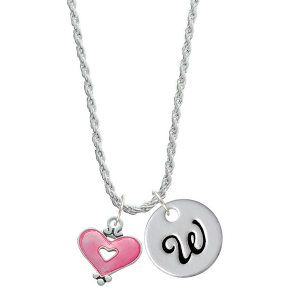 Delight Jewelry Silvertone Hot Pink Enamel Heart with Cutout Silvertone Script Initial Disc - W - Charm Necklace, 20"+3"