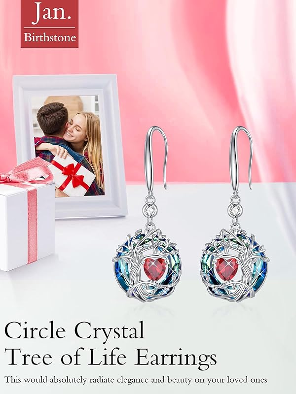 JKR Tree of Life Birthstone Earrings for Women 925 Sterling Silver Family Tree Dangle Earrings Austrian Crystal Jewelry Birthday Gifts for Her Girlfriend Wife Mom