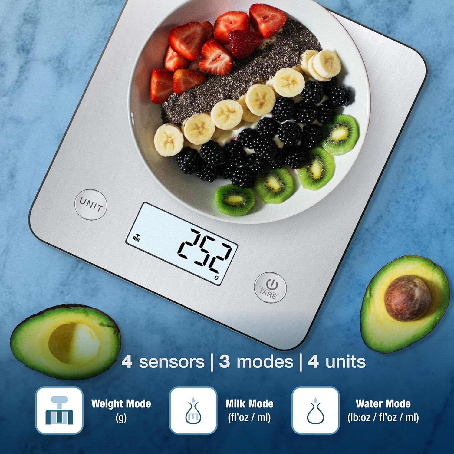 Bisonbody Digital Food Kitchen Scale with Smart App â Large Kitchen Scale with 201 Stainless Steel Surface 5 Unit Conversions â Digital Kitchen Scale App to Track Nutritional Information