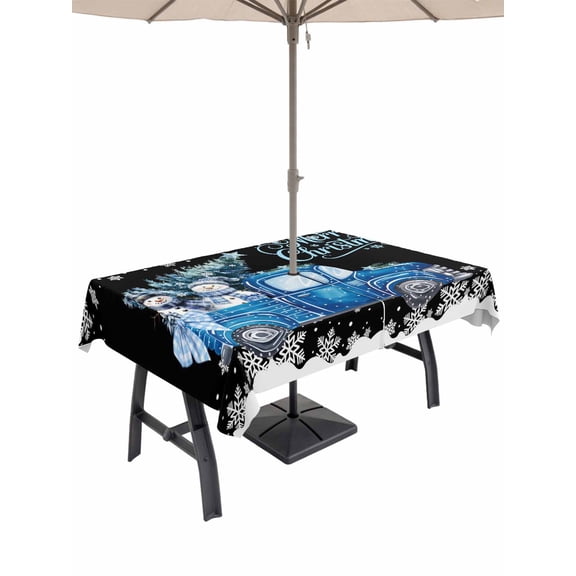 Outdoor Tablecloth with Umbrella Hole and Zipper, Black Christmas Truck Rectangle Table Cloth 60x120 Inch Waterproof Tablecloth, Xmas Tree Snowman Snowflake Picnic Table Cover for Patio Camping