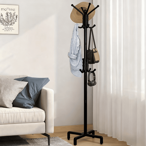 LISHBIE Coat Rack Minimalist 12-Hook Freestanding Black