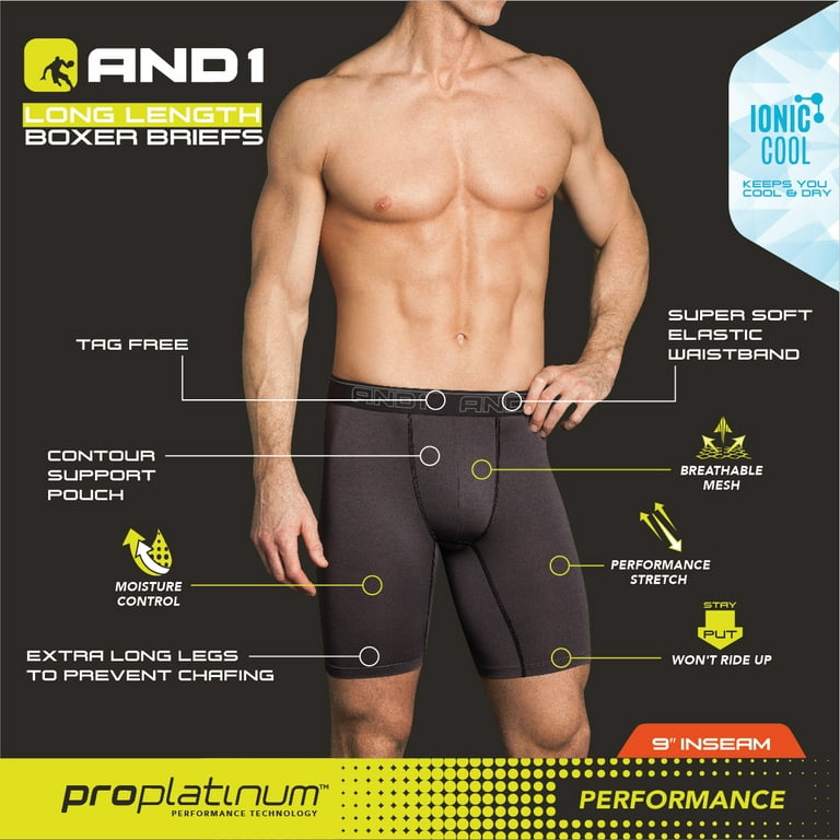 AND1 Men's Underwear Pro Platinum Long Leg Boxer Briefs, 6 Pack, 9 