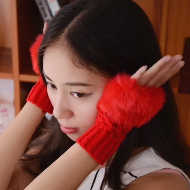 Guantes bonitos de otoño e invierno para mujer, con dedos abiertos, cálidos, de piel de conejo de imitación, mangas cortas y medias mangas