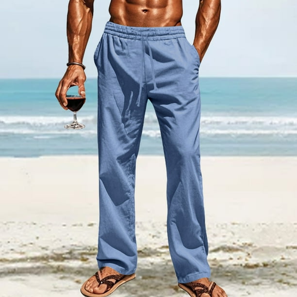 Pantalones largos de poliéster para hombre, informales, lisos, rectos, con cordón, con bolsillo y cintura elástica