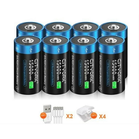 Image of 8 Pack 15000mWh 1.5V USB Lithium High Capacity D Size Rechargeable Batteries with 4 Pack Battery Case