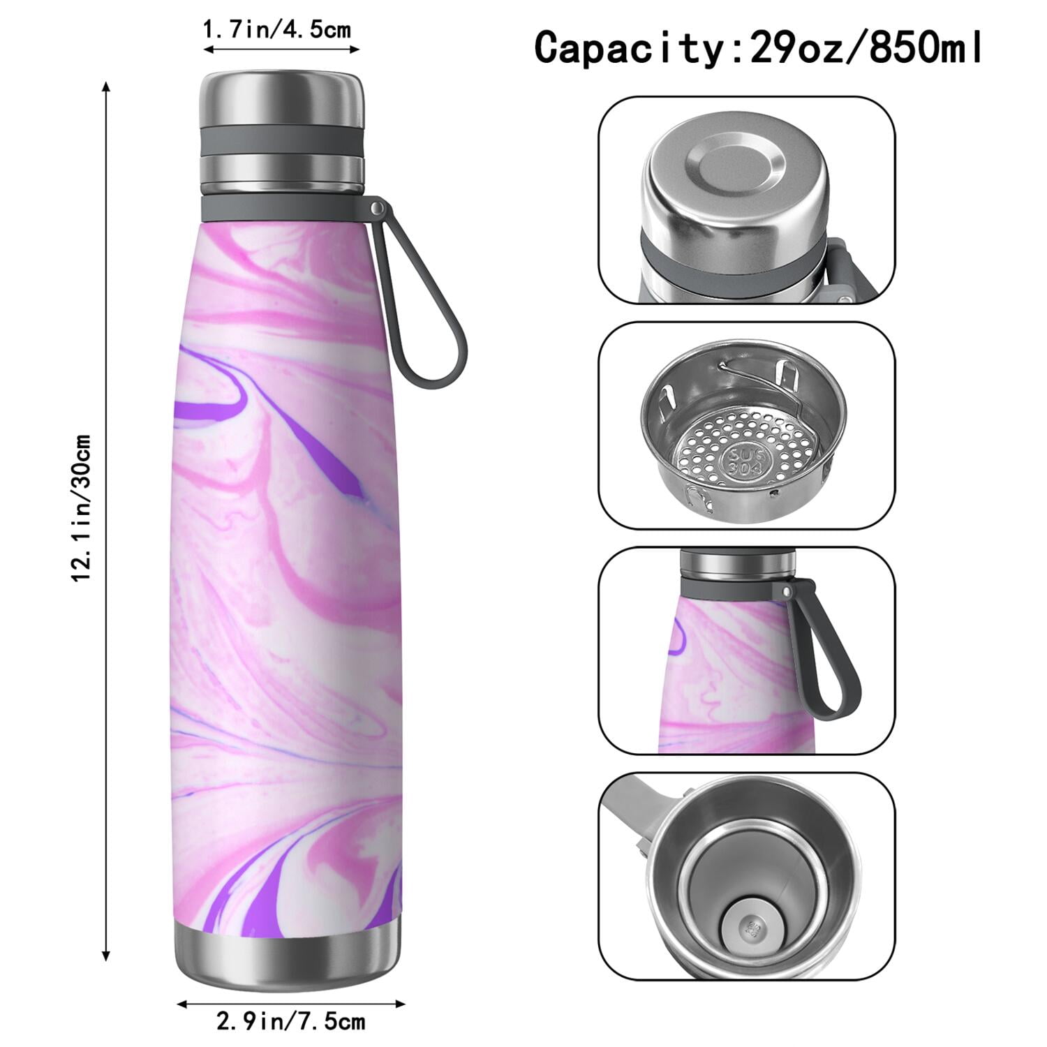 29oz Insulated Water Bottle with Tea Infuser, Stainless Steel Travel Mug, Liquid & Marble Print