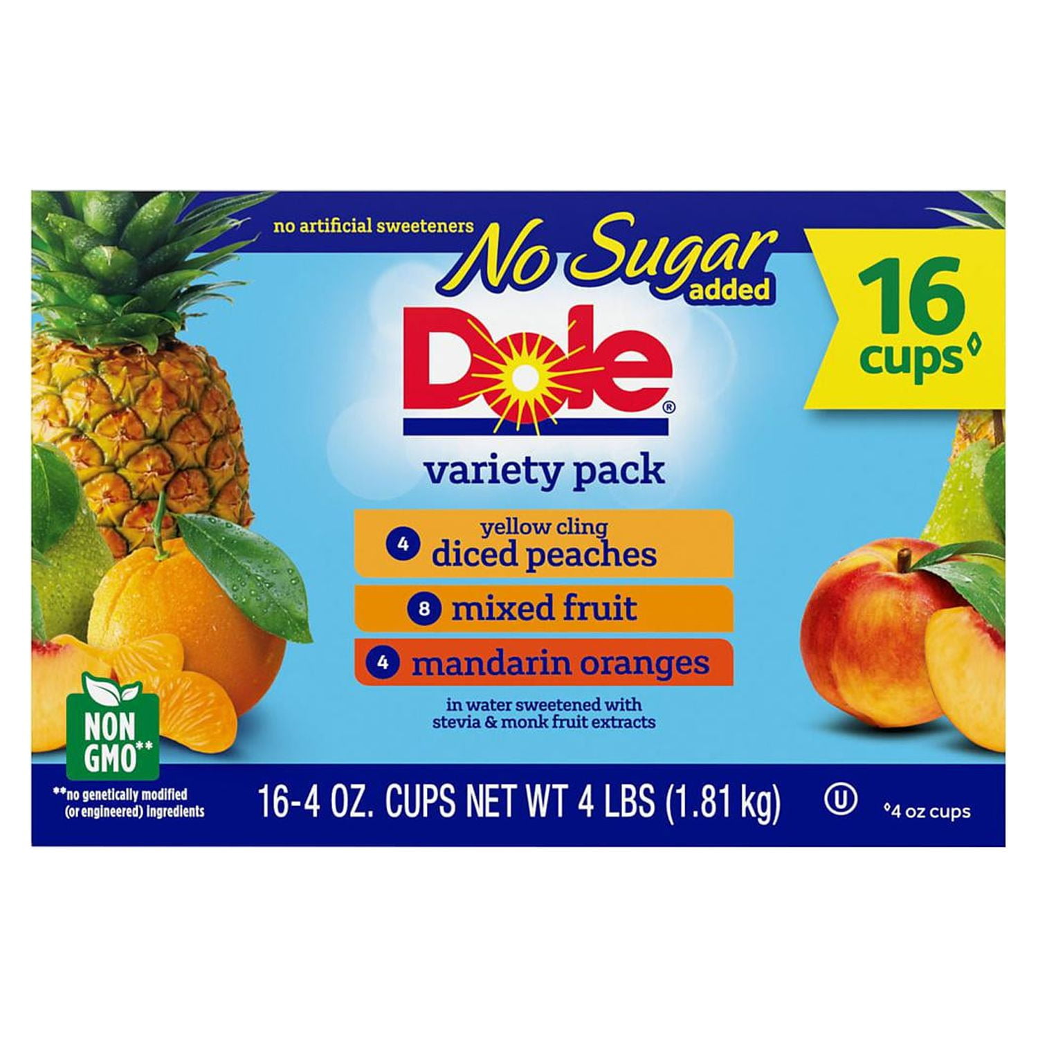 Fruit Bowls Diced Peaches, Mixed Fruit, Mandarin Oranges No Sugar Added Variety Pack 16ct 4oz Beerpack SKU 77378