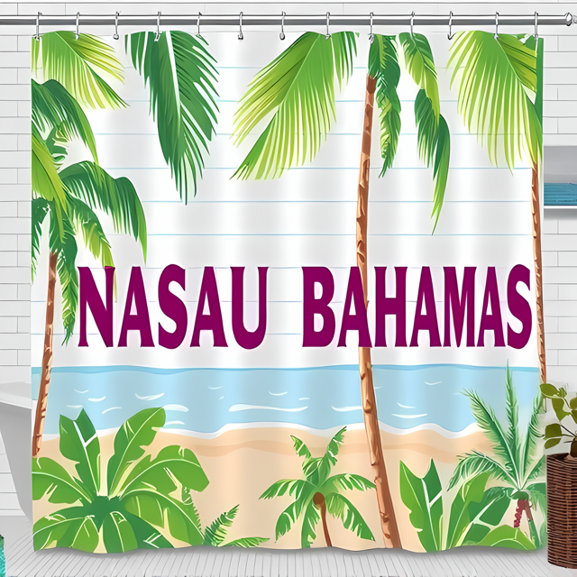 Tropical Paradise Shower Curtain - Nassau Bahamas Design with Trees & Ocean - Cheerful Bathroom Decor