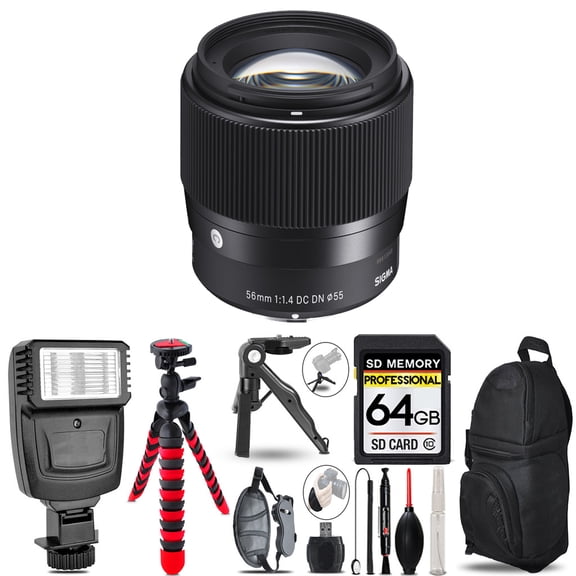 Sigma 56mm f/1.4 DC DN Contemporary Lens for Sony E   Slave Flash   Tripod - 64GB Accessory Bundle (International Version)