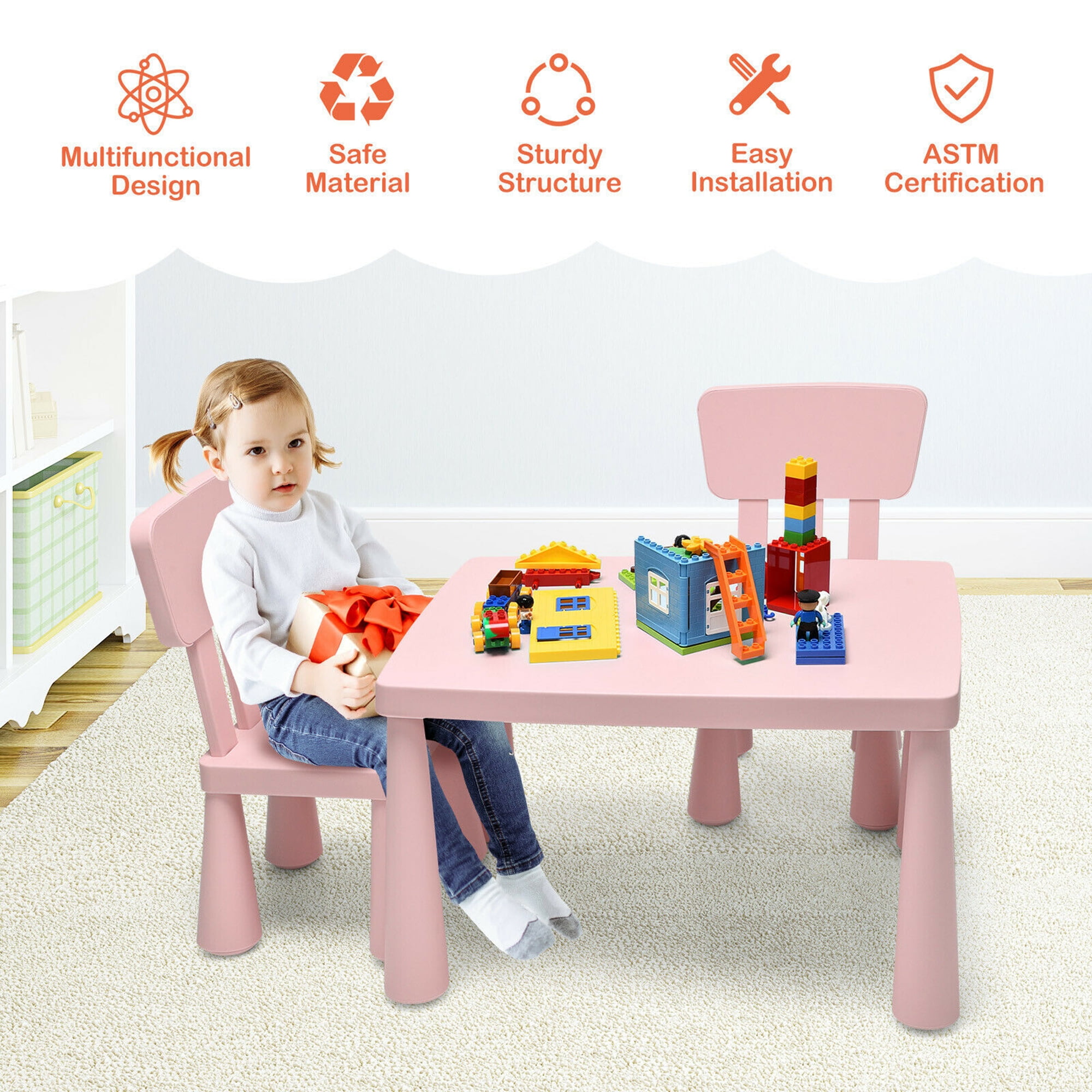 Gymax Kids Table & 2 Chairs Set Toddler Activity Play Dining Study Desk Baby Gift Pink