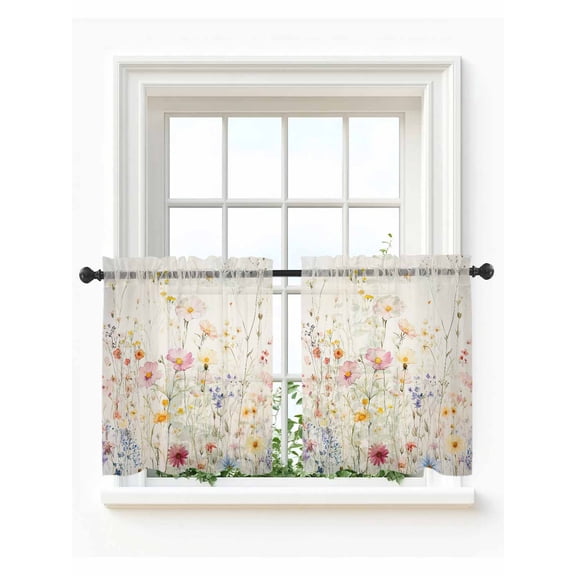 Beige Floral Spring Tier Curtains 24 Inch Length,Sheer Curtains for Bedroom Living Room Window,Vintage Farmhouse Botanical Rod Pocket Voile Drapes Kitchen Curtains for Small Window 27.5"x24" 2 Panels