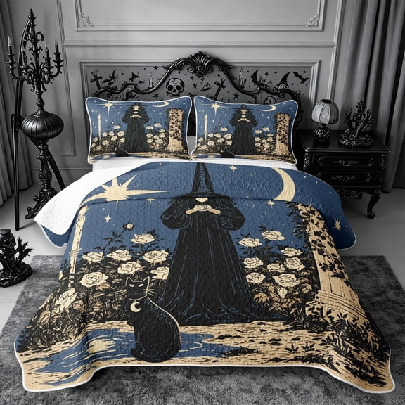 Erosebridal Gothic Witch Twin Quilt Set 2 Pieces,Halloween Black Cat Rose Twin Coverlet Set,Navy Blue,1 Bedspread and 1 Pillowcase