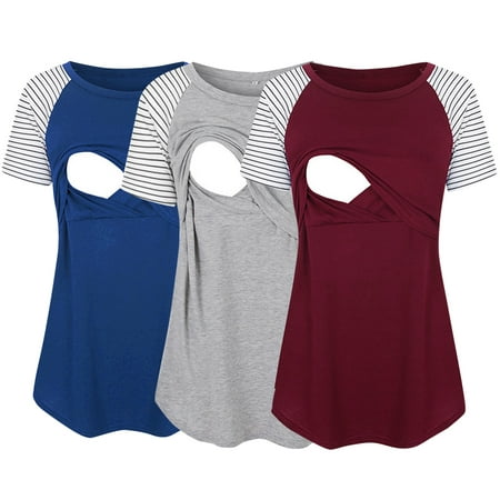 

Womens Maternity Short Sleeve Crew Neck Striped Printed Nursing Tops T Shirt For Breastfeeding 3 Pack