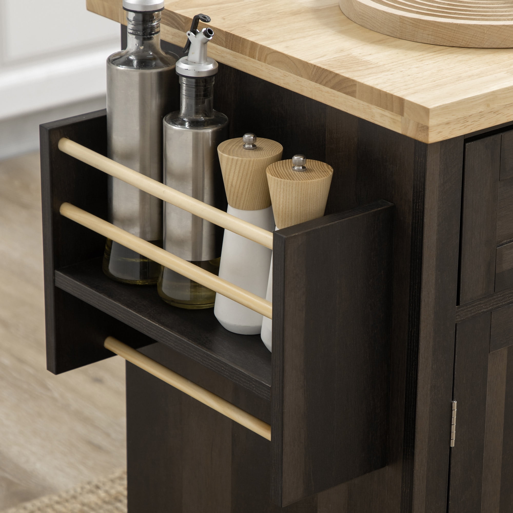 HOMCOM Kitchen Island on Wheels, Rolling Cart with Rubberwood Top, Spice Rack, Towel Rack