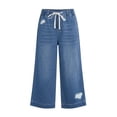 thumbnail image 6 of Inglocry Women's Drawstring Capri Jeans Straight Wide Leg Elastic Waist Capris Casual Summer Y2K Cropped Stretchy Pull on Denim Pants Royal Blue S, 6 of 7