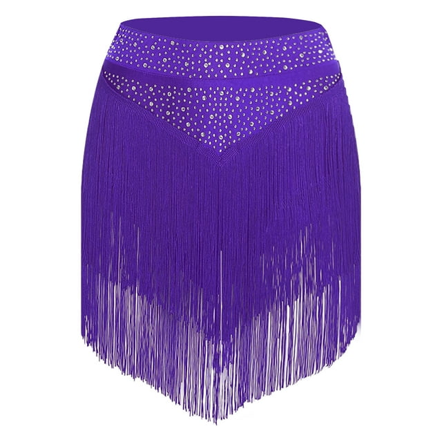 Ocealan Jupe à Franges à Pampilles pour Femmes à Taille Élastique Latin Tango Tenue de Danse de Salon Samba Salsa Robe de Danse Violet TG