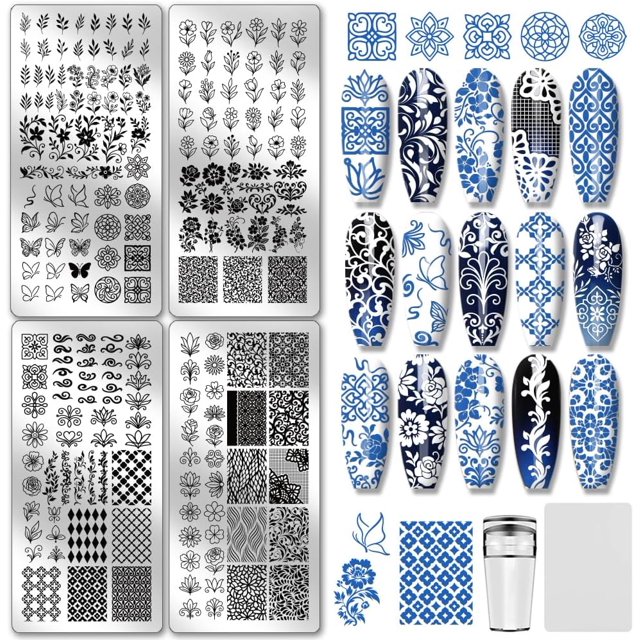4 placas para estampar uñas con flores, hojas y plantas. Plantillas para manicura con diseños de margaritas, tulipanes y mariposas. Ideales para salones de manicura.