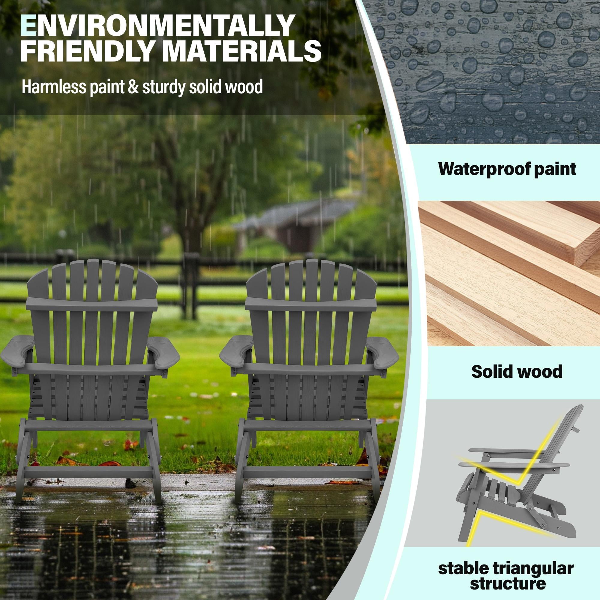 Outdoor Adirondack Chair Set of 2, Seizeen Wooden Folding Adirondack Chair, Patio Furniture Set Lounge Chairs Quick Assembled, Elegant Outdoor Chairs Set for Deck Pool Yard Garden, Gray
