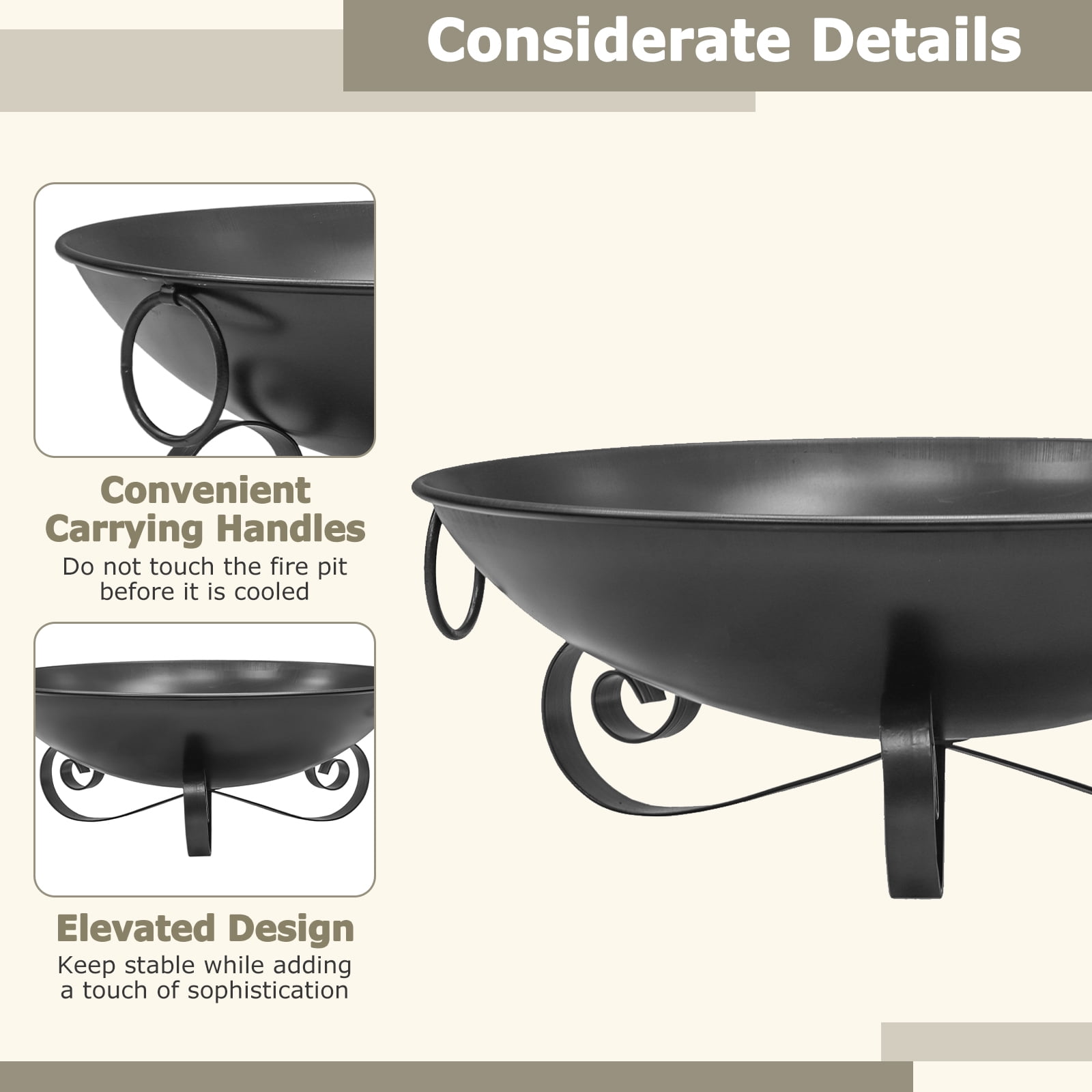 Patiojoy 24 Inch Heavy-Duty Metal Fire Pit Bowl Outdoor Wood-Burning Firepit with Handles