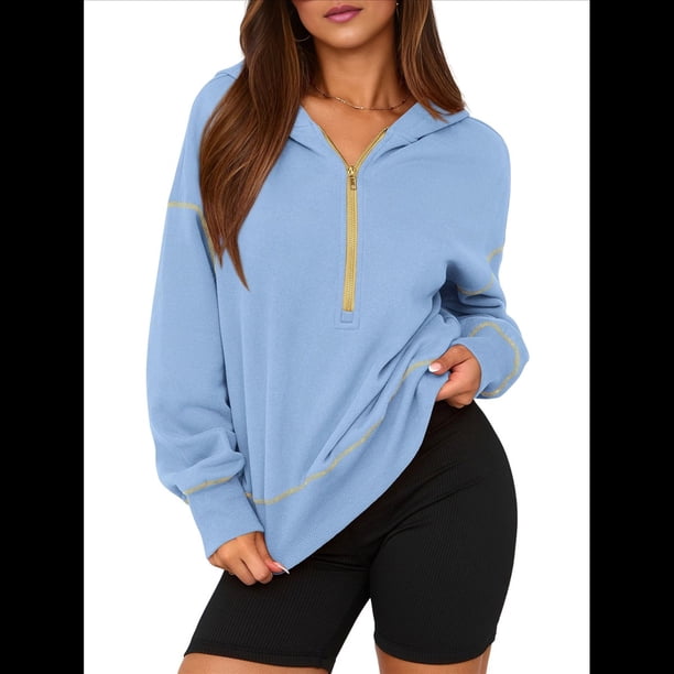Sudadera con Capucha de Otoño para Mujer, Sudadera Corta de Larga con Media Cremallera, Jersey de Invierno, Ropa de Moda Azul XL