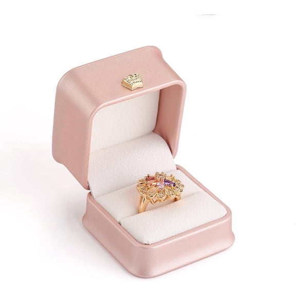 1 pc PU Leather Ring Gift Boxes with Golden Plated Iron Crown and Velvet Inside for Wedding Jewelry Storage Case Pink 5.85x5.8x4.9cm