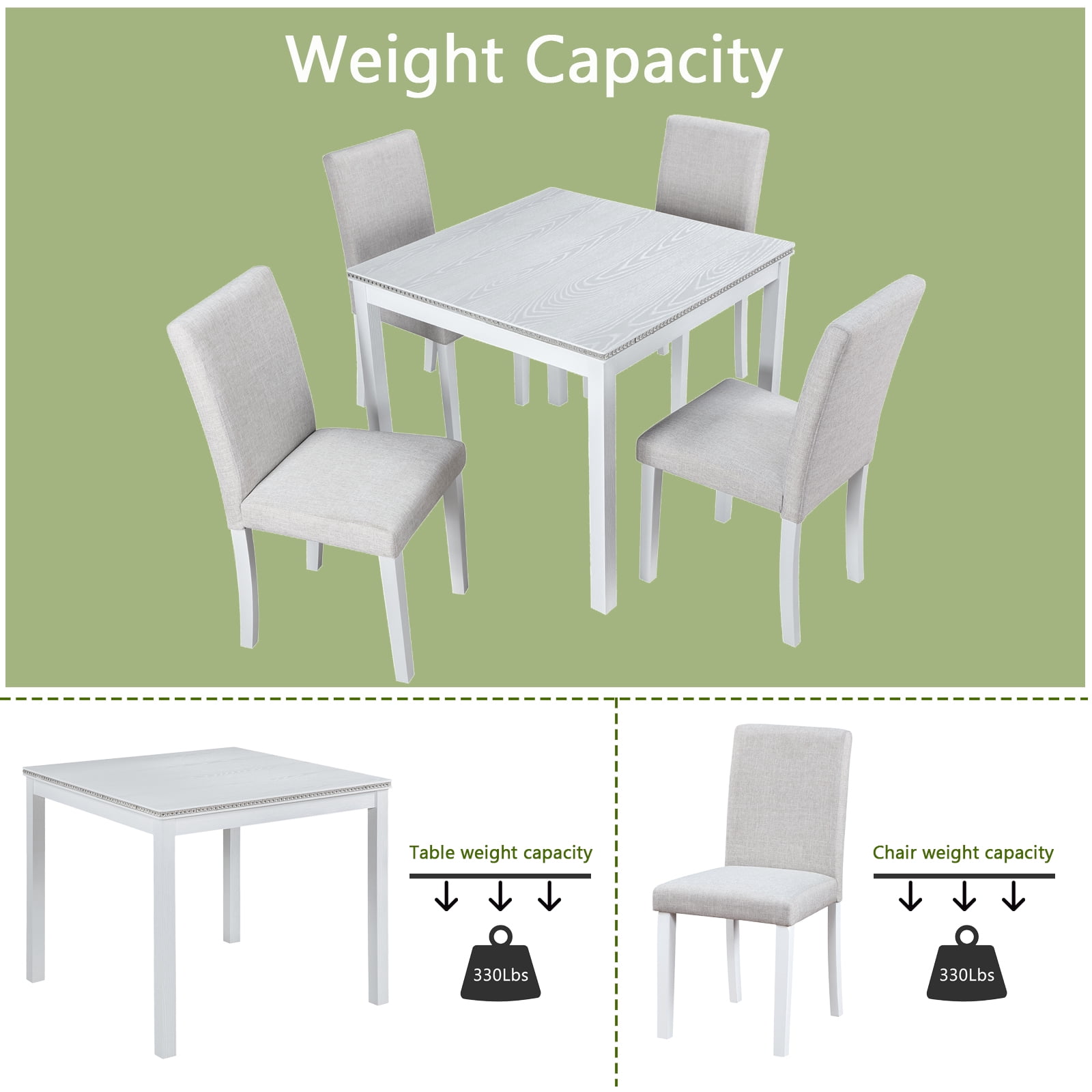 MAYEERTY 5 Piece Wooden Dining Table Set, Kitchen Table Set with a Square Table and 4 Upholstered Chairs, Wooden Dining Room Table with Crystal Decoration Chairs Set,White