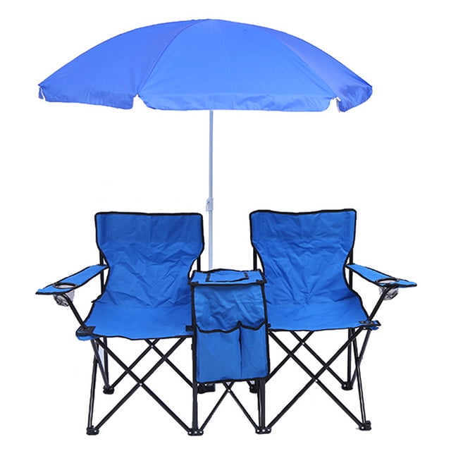 Folding Chair Foldable Portable Camping Outdoor Beach Lawn Chair with Sunshade Ice Bag for Two People