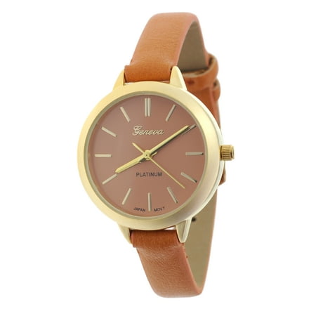 Women's Geneva Japanese Movement Stainless Steel Back Brown Faux Leather Slim Band Watch