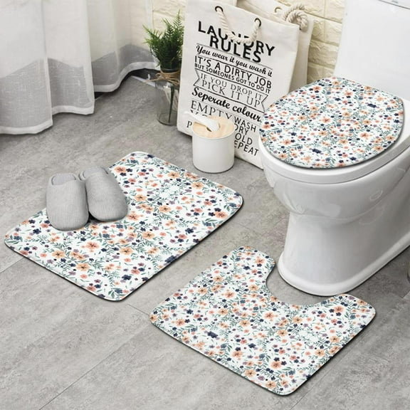 Light Pioneer Flower Pattern Bathroom Rugs Sets 3 Piece,Toilet Cover Set,Absorbent Non Slip Bathroom Mats Sets with U-Shaped Contour Rug Toilet Rug Set