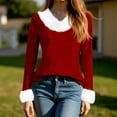 thumbnail image 6 of Long Sleeve Pullover Christmas Tops Womens Loose Long Sleeve V Neck Fur Trim Sweater Tops Wine M, 6 of 7