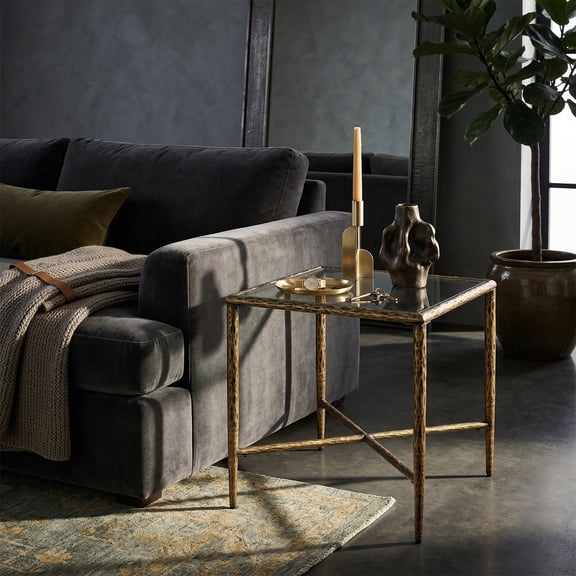 Lalia Modern Tempered Glass Top Square Side Table with Forged Metal Frame, Matte Gold