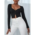 thumbnail image 3 of Arvbitana Women Knit Short Tops Solid Color V-Neck Buttons Long Sleeve T-Shirts Spring Fall Casual Slim Fit Shirts Cropped Pullover Streetwear, 3 of 7