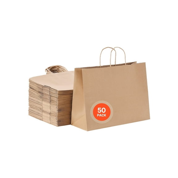 VEVOR Kraft Paper Bags with Handles, 50Pcs 16 x 6 x 12 in, Large Paper Grocery Bags, Reusable & Recycled Brown Take-Out Sacks, Plain Party Bag Bulk for Birthday, Wedding, Business, Goody, Craft