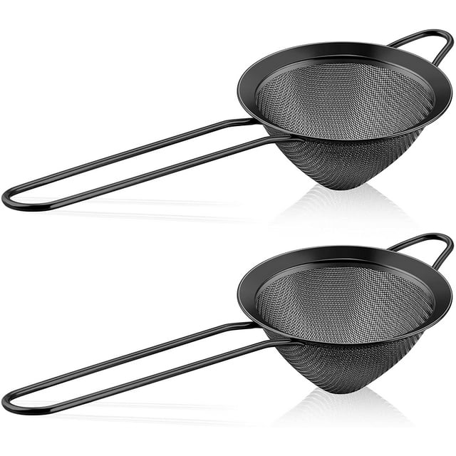 LIANYU Fine Mesh Strainer Set of 2, 3.3 Inches Stainless Steel Tea Sieve Strainer with Long Handle, Ideal for Filtering Coffee Cocktail Sifting Flour, Rust Proof, Black