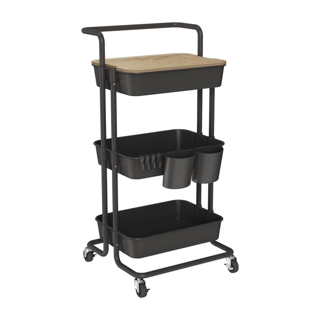 Rolling Cart DTK Utility de 3 niveles con cubierta, 200 libras, negro