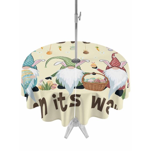 Outdoor Tablecloth with Umbrella Hole and Zipper, Beige Gnomes Easter Round Table Cloth 54 Inch Waterproof Tablecloth, Eggs Botanical Carrot Pastoral Picnic Table Cover for Patio Camping