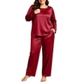 thumbnail image 2 of SHTXOZHI Women's Plus Size Satin Pajamas Set Long Sleeve Long Sleepwear Elastic Loose Loungewear Solid Color Homewear, 2 of 9
